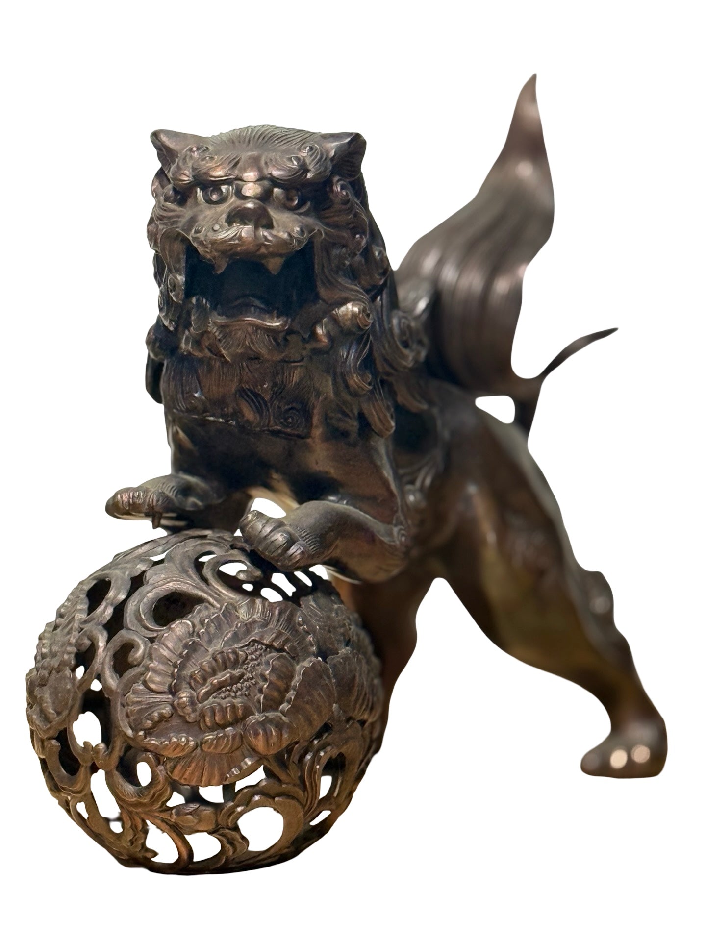 Japanese Metal Shishi Tama Jishi Guardian Lion Okimono with Jewel Ball Sculpture Statue