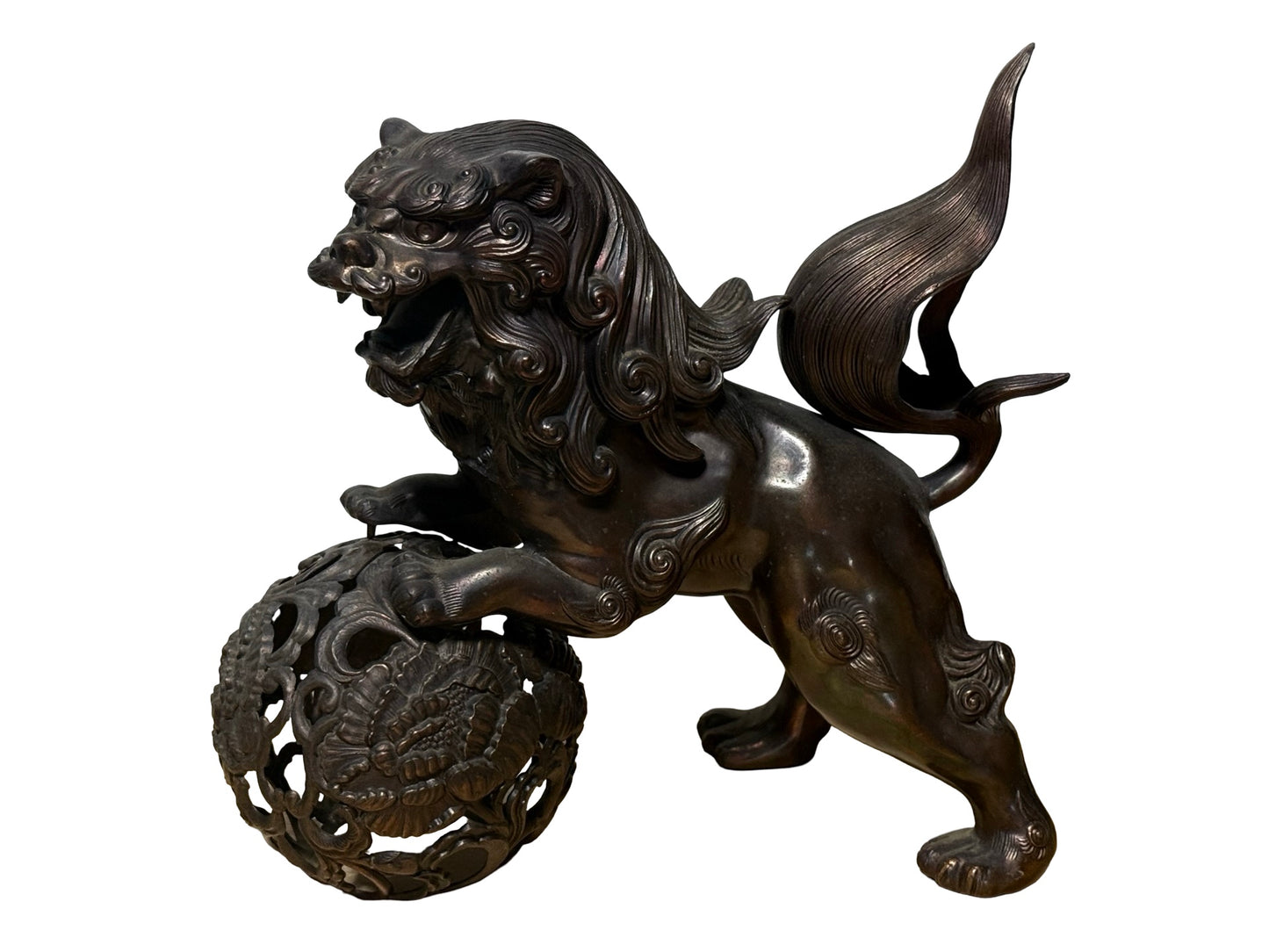 Japanese Metal Shishi Tama Jishi Guardian Lion Okimono with Jewel Ball Sculpture Statue