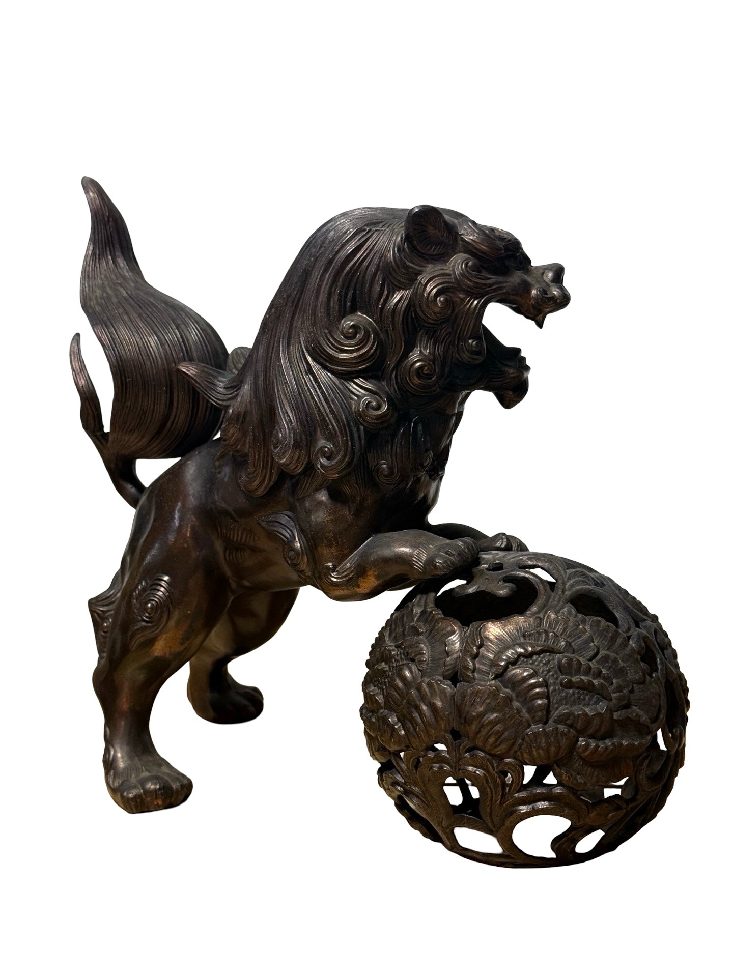 Japanese Metal Shishi Tama Jishi Guardian Lion Okimono with Jewel Ball Sculpture Statue