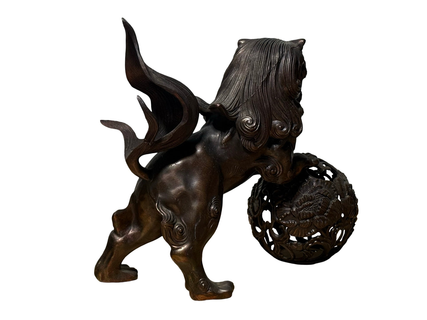 Japanese Metal Shishi Tama Jishi Guardian Lion Okimono with Jewel Ball Sculpture Statue
