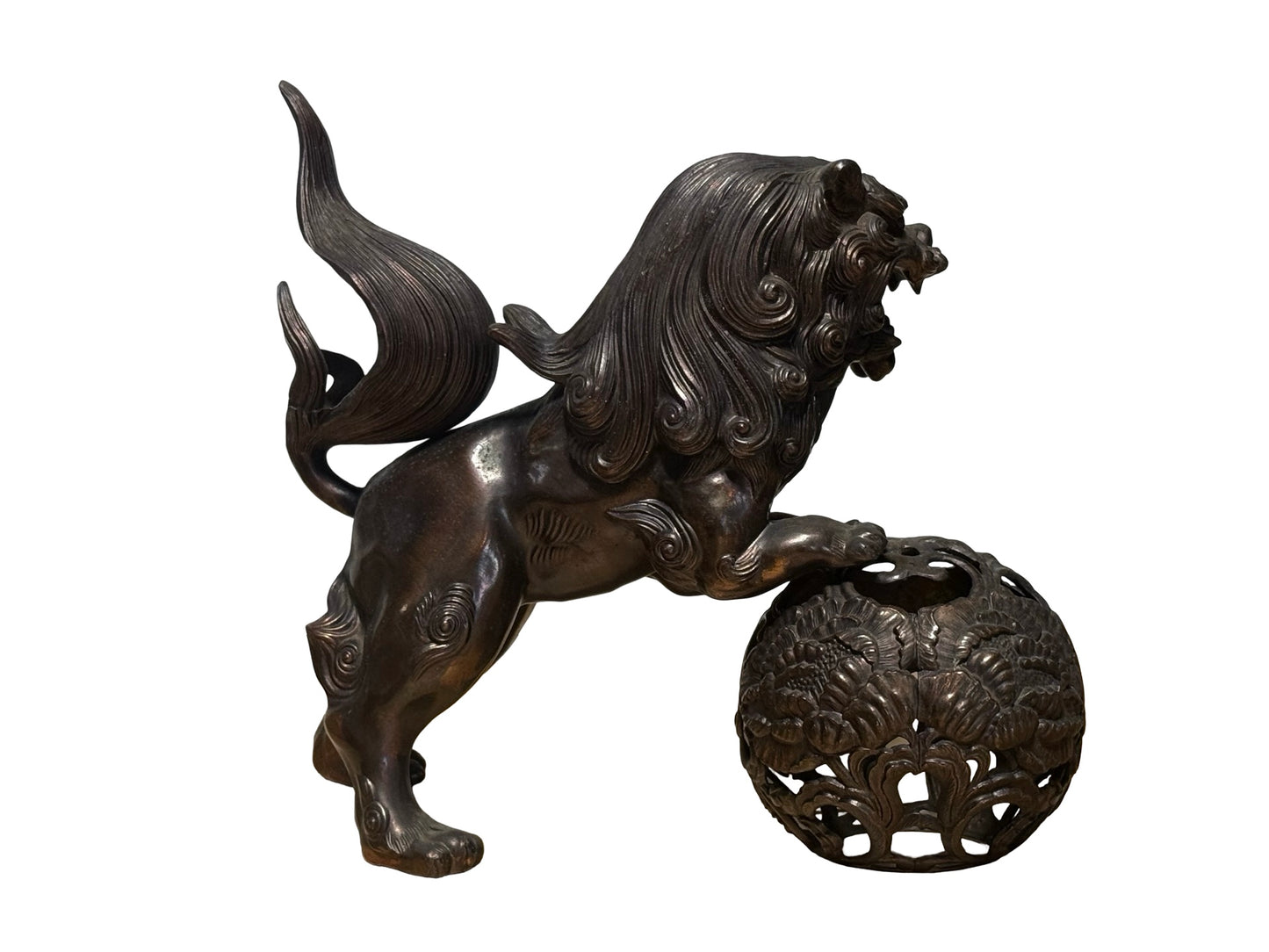 Japanese Metal Shishi Tama Jishi Guardian Lion Okimono with Jewel Ball Sculpture Statue