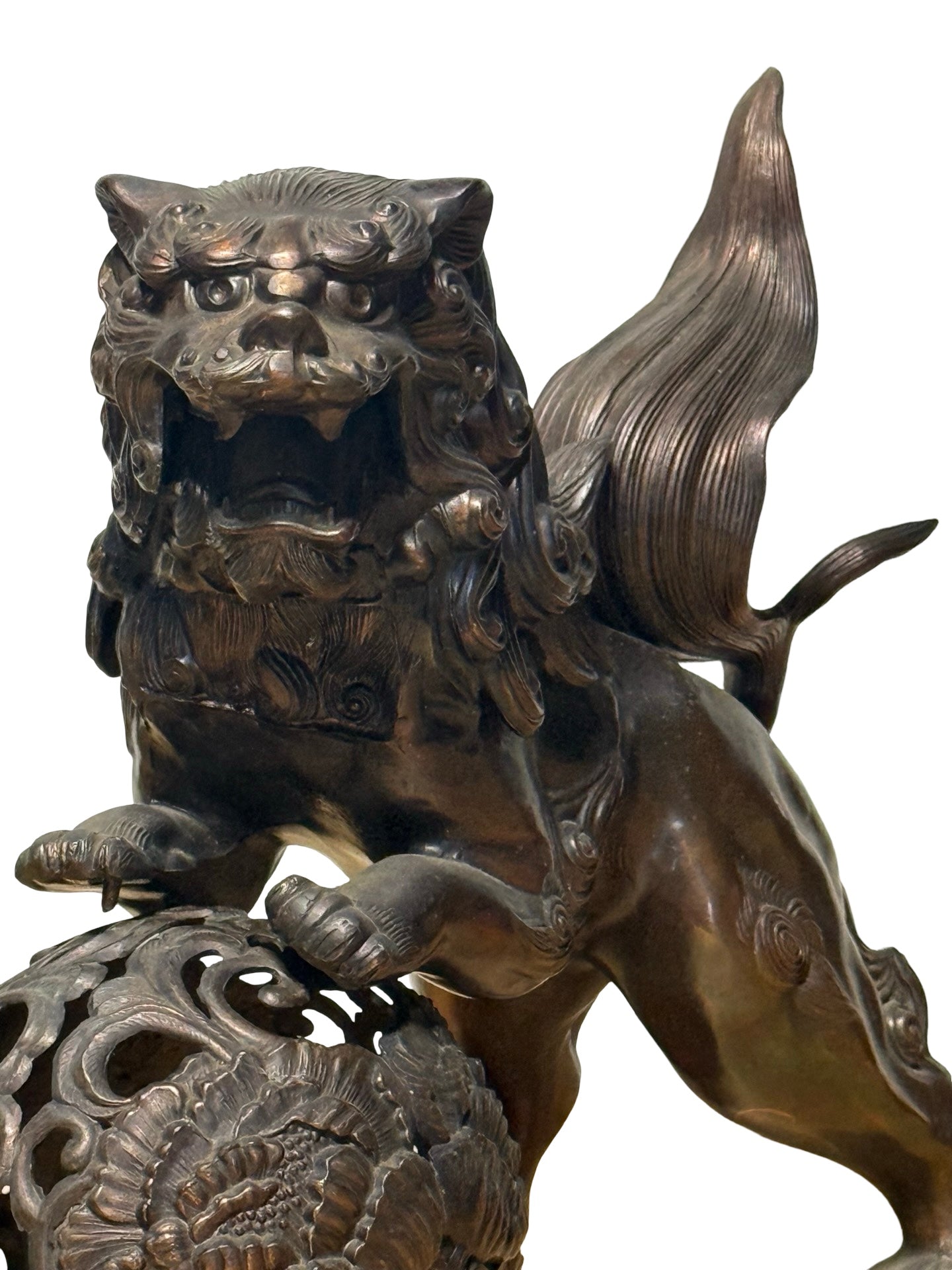 Japanese Metal Shishi Tama Jishi Guardian Lion Okimono with Jewel Ball Sculpture Statue