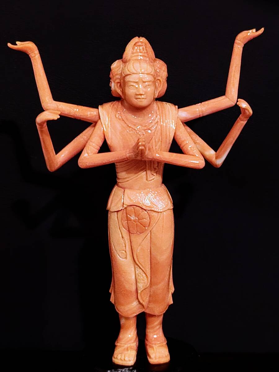 Japanese Red Coral Avalokiteshvara (Kannon Bosatsu) Sculpture by Kumazawa Kizan, Artisan Buddhist Carving with Original Case