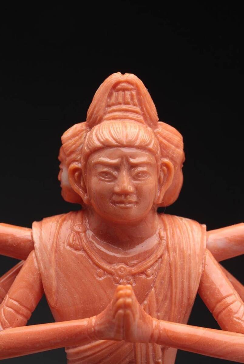 Japanese Red Coral Avalokiteshvara (Kannon Bosatsu) Sculpture by Kumazawa Kizan, Artisan Buddhist Carving with Original Case