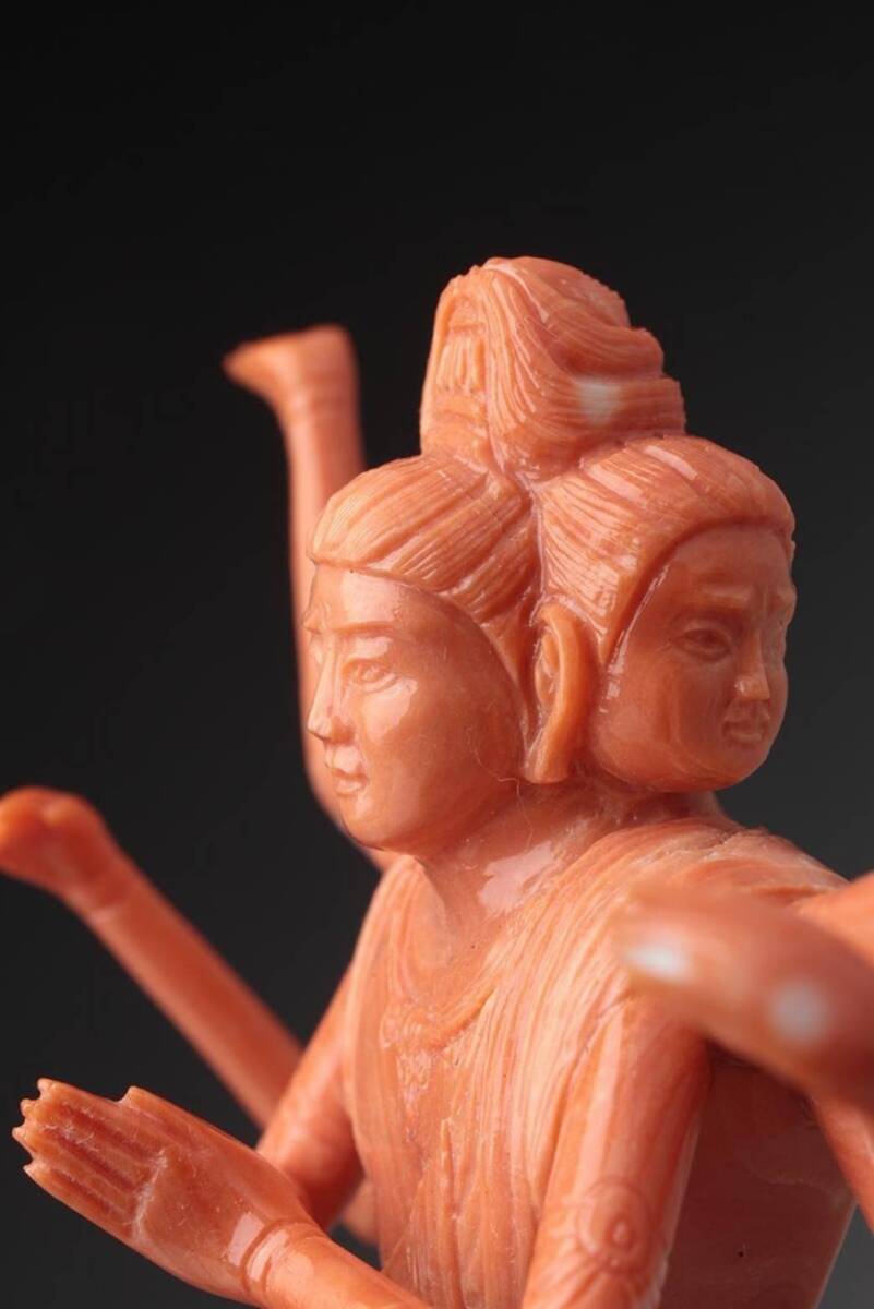 Japanese Red Coral Avalokiteshvara (Kannon Bosatsu) Sculpture by Kumazawa Kizan, Artisan Buddhist Carving with Original Case