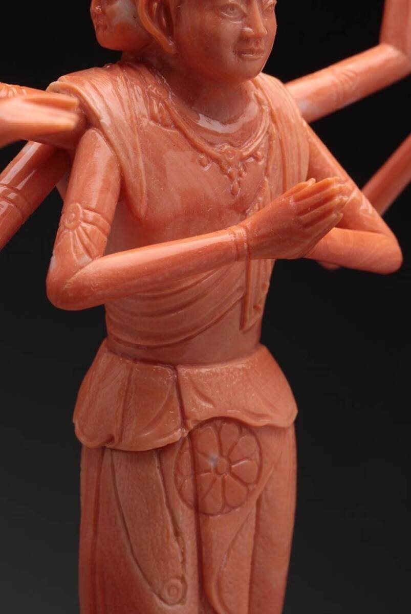 Japanese Red Coral Avalokiteshvara (Kannon Bosatsu) Sculpture by Kumazawa Kizan, Artisan Buddhist Carving with Original Case