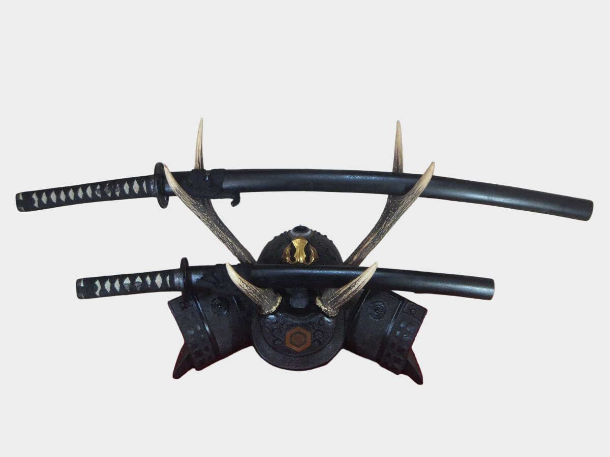 Japanese Samurai Kabuto Sword Stand | Antler Crest Helmet Display | Armor Interior Decor