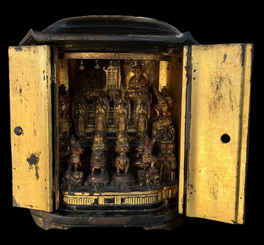 Japanese Sanbo-son (Three Buddhas) Altar Ensemble with Wooden Zushi Shrine, Edo Period Temple Installation (Antique, 100+ Years)