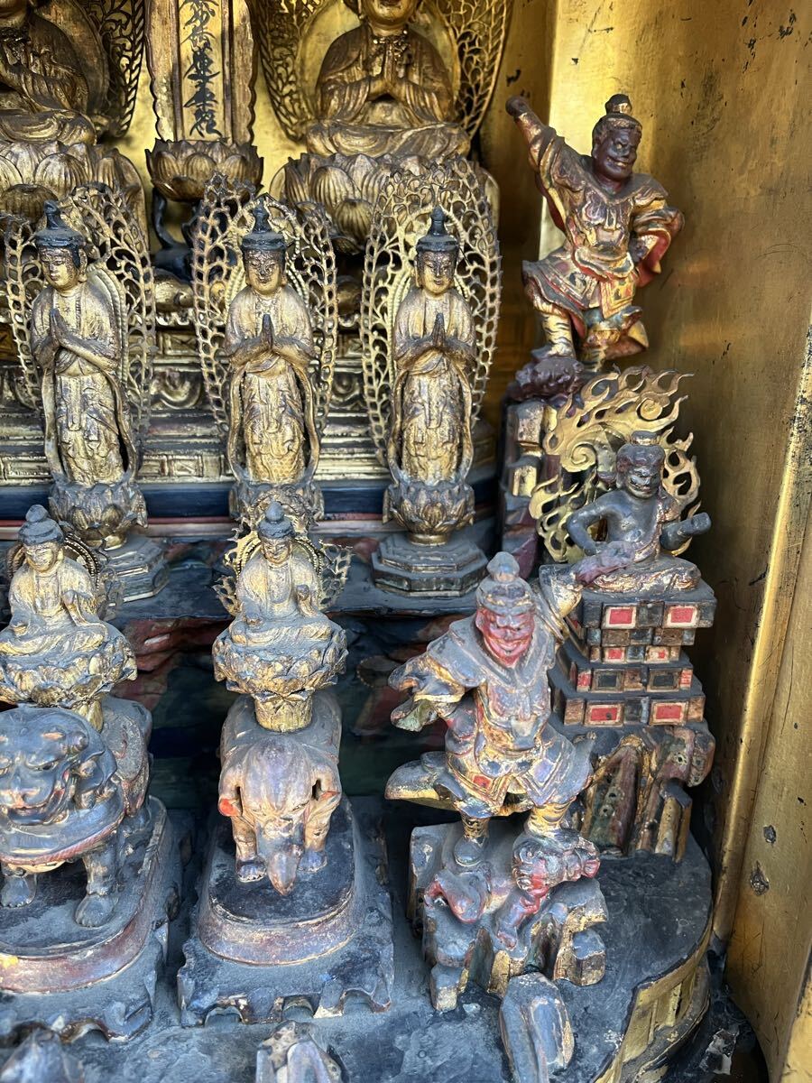 Japanese Sanbo-son (Three Buddhas) Altar Ensemble with Wooden Zushi Shrine, Edo Period Temple Installation (Antique, 100+ Years)