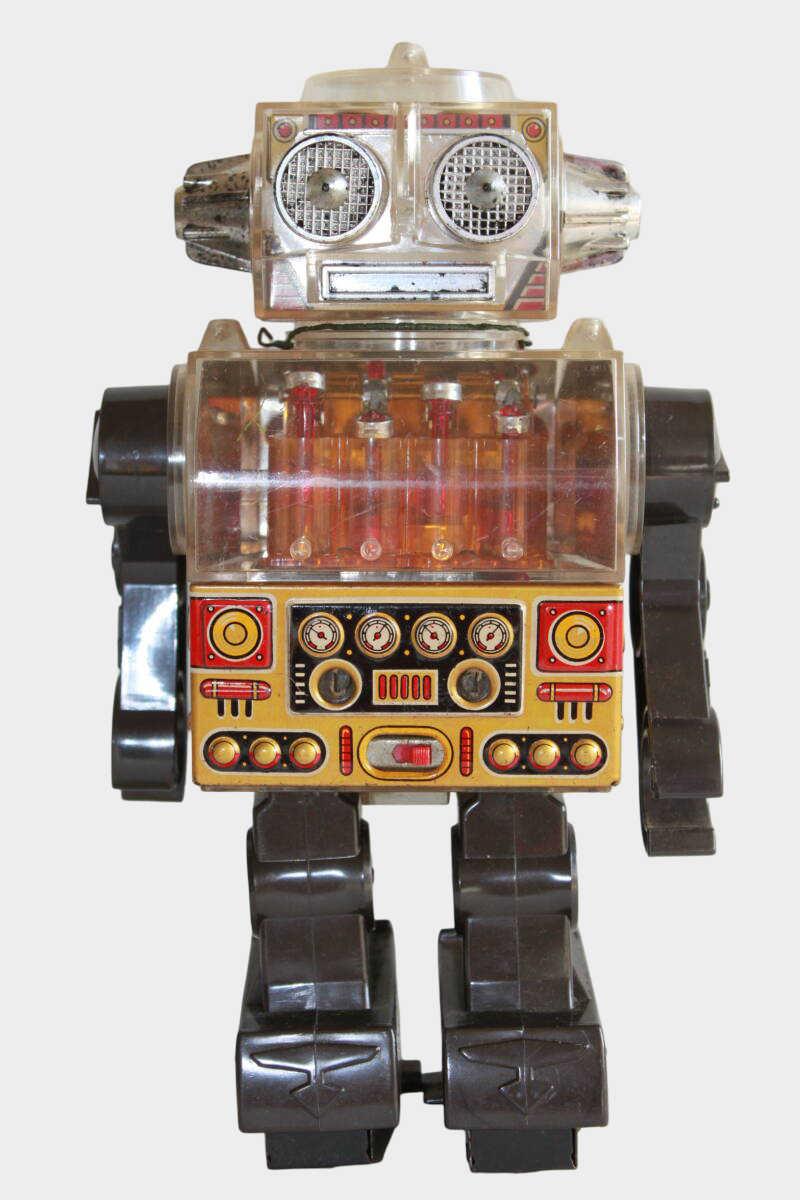 Horikawa Large Tin Robot Japan — 1970s Battery Piston-Style Space Robot Display Toy