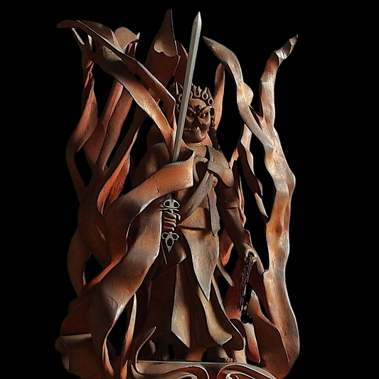 Japanese Wooden Fudo Myoo with Flame Mandorla, One-Block Carving, Meiji–Early Showa Period Esoteric Buddhist Sculpture