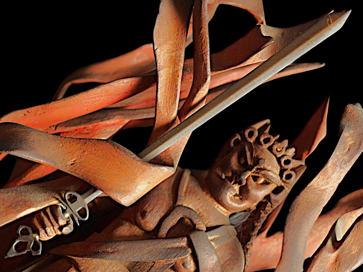 Japanese Wooden Fudo Myoo with Flame Mandorla, One-Block Carving, Meiji–Early Showa Period Esoteric Buddhist Sculpture