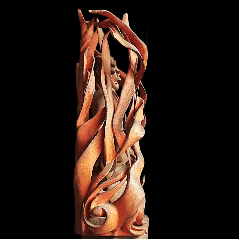 Japanese Wooden Fudo Myoo with Flame Mandorla, One-Block Carving, Meiji–Early Showa Period Esoteric Buddhist Sculpture