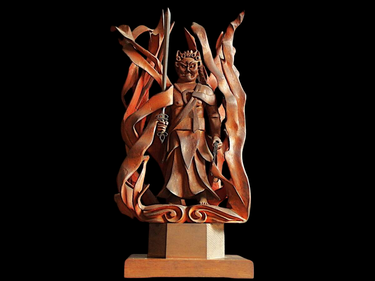 Japanese Wooden Fudo Myoo with Flame Mandorla, One-Block Carving, Meiji–Early Showa Period Esoteric Buddhist Sculpture