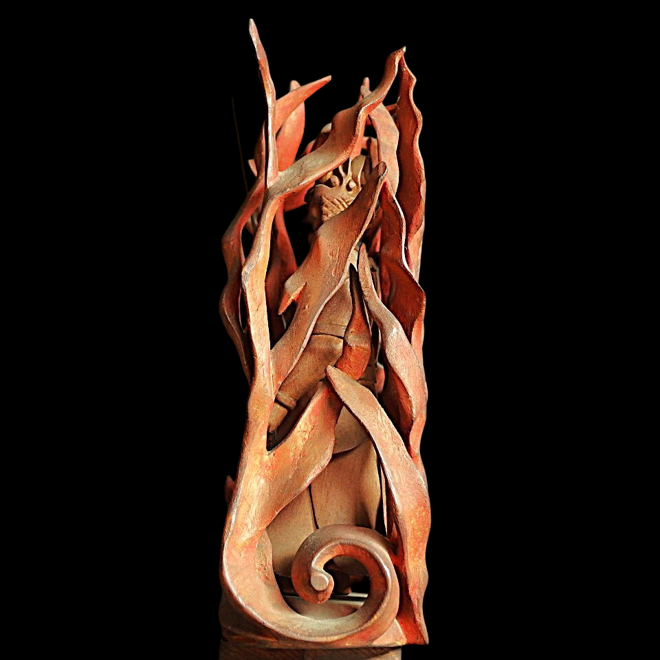 Japanese Wooden Fudo Myoo with Flame Mandorla, One-Block Carving, Meiji–Early Showa Period Esoteric Buddhist Sculpture