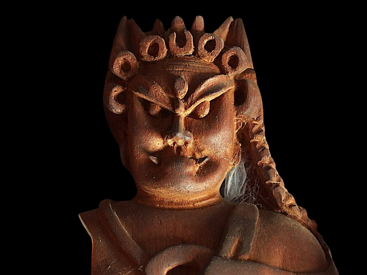 Japanese Wooden Fudo Myoo with Flame Mandorla, One-Block Carving, Meiji–Early Showa Period Esoteric Buddhist Sculpture