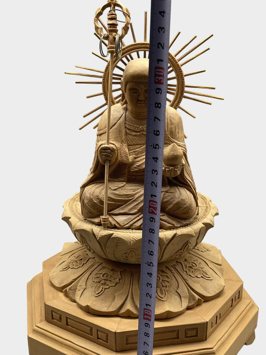 Japanese Wooden Jizo Bosatsu Statue Seated Lotus Halo Ksitigarbha Buddhist Figure 30cm