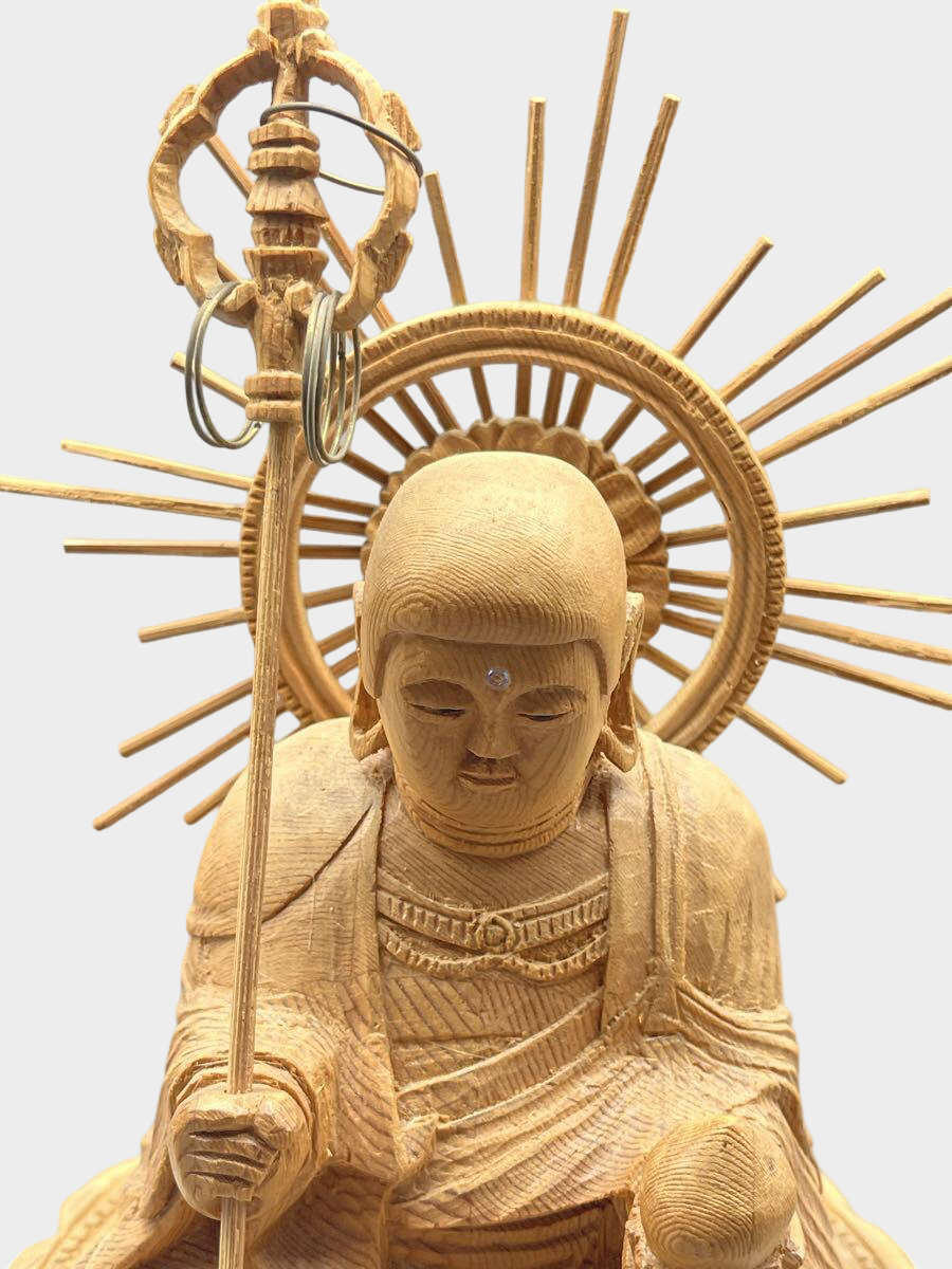 Japanese Wooden Jizo Bosatsu Statue Seated Lotus Halo Ksitigarbha Buddhist Figure 30cm