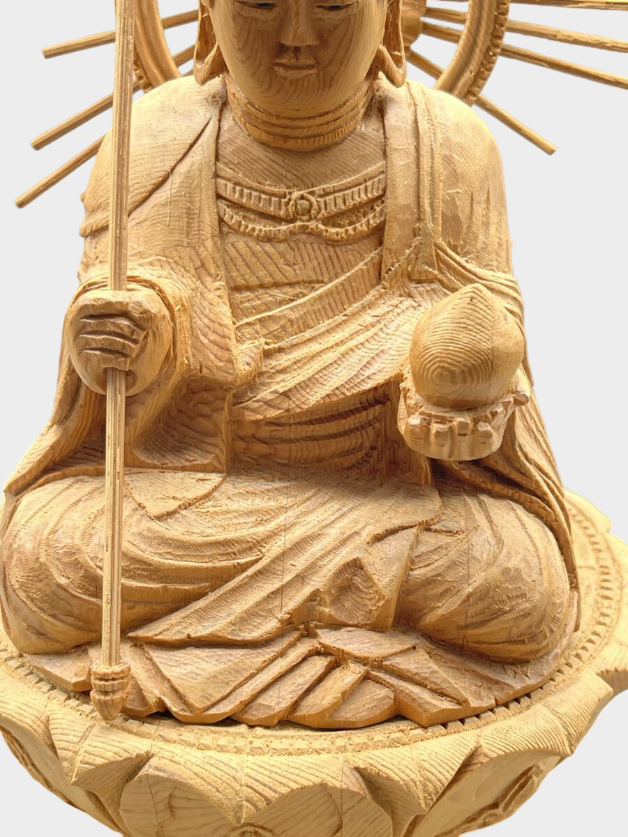 Japanese Wooden Jizo Bosatsu Statue Seated Lotus Halo Ksitigarbha Buddhist Figure 30cm