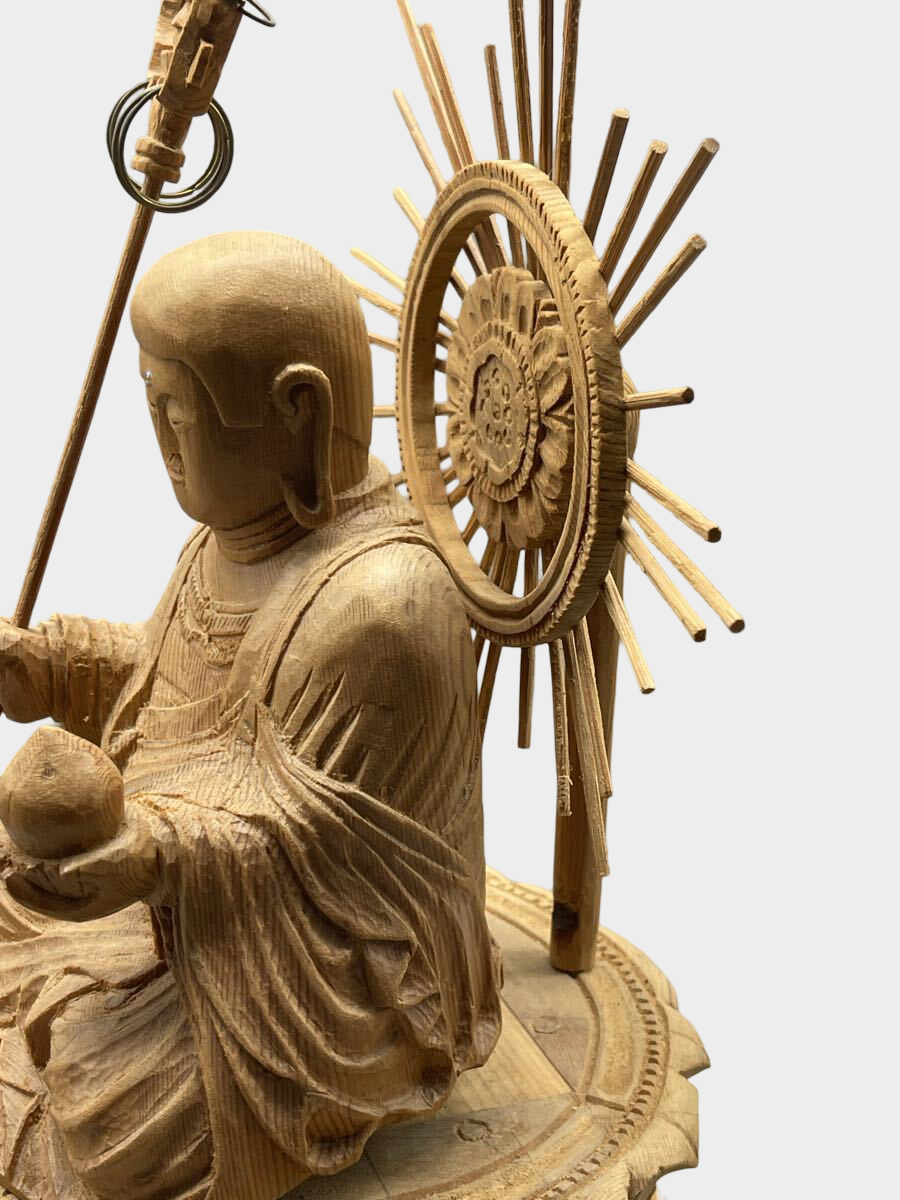 Japanese Wooden Jizo Bosatsu Statue Seated Lotus Halo Ksitigarbha Buddhist Figure 30cm