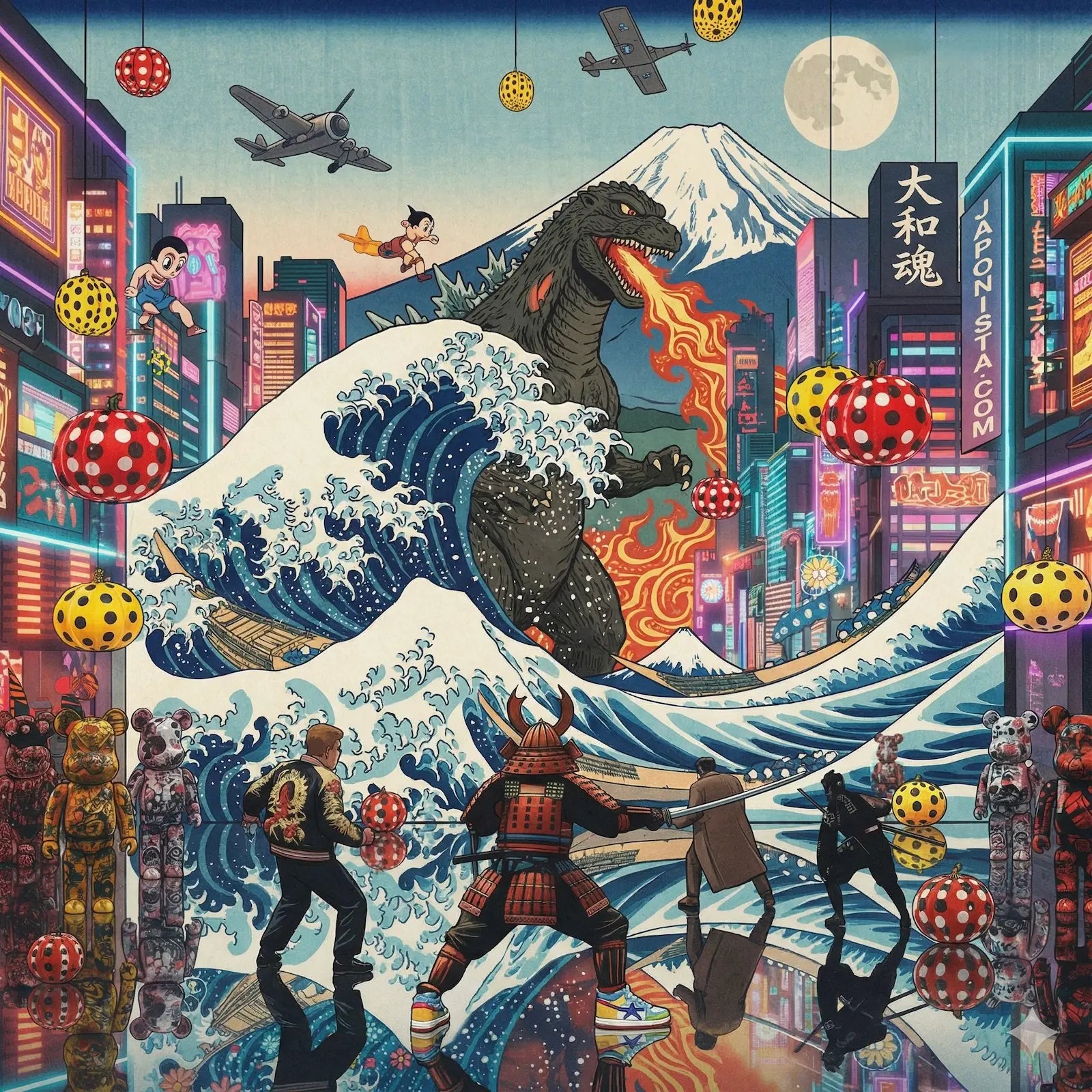 Colorful illustration of Godzilla on a wave with cityscape and characters in the background - The Japonista World
