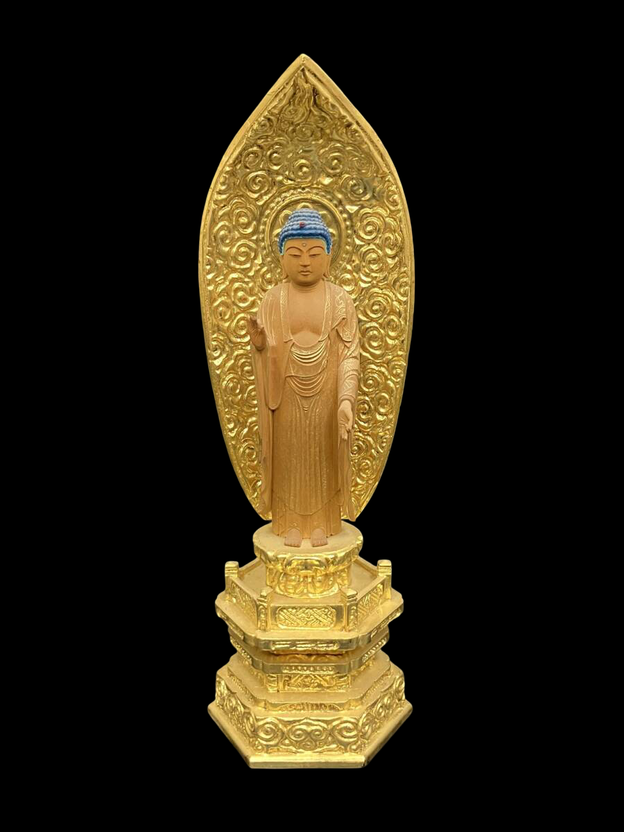 Jodo Shinshu Triad Set — Amida Nyorai with Founder & Lineage Buddhist Monk Figures (Polychrome Wood + Gilt) — Compact Altar-Ready Ensemble for Domestic Sanctuary