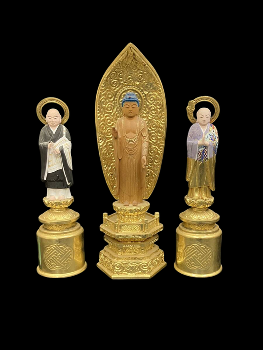 Jodo Shinshu Triad Set — Amida Nyorai with Founder & Lineage Buddhist Monk Figures (Polychrome Wood + Gilt) — Compact Altar-Ready Ensemble for Domestic Sanctuary