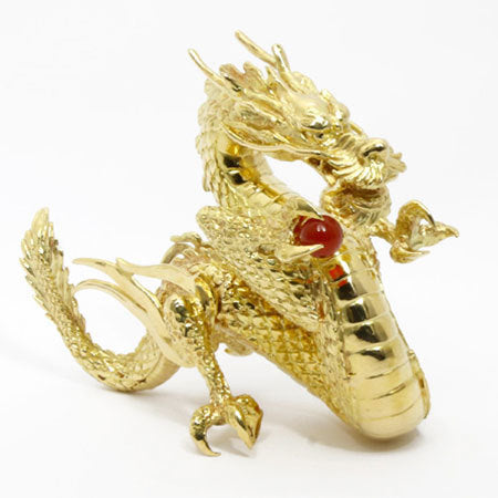 K18 Gold Dragon Ornament with Red Agate — Sculptural Ryuu Dragon, High-Luster Finish — 260.3 g