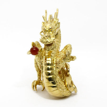 K18 Gold Dragon Ornament with Red Agate — Sculptural Ryuu Dragon, High-Luster Finish — 260.3 g