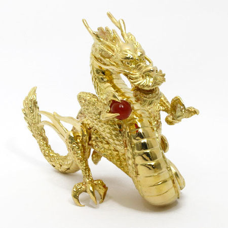 K18 Gold Dragon Ornament with Red Agate — Sculptural Ryuu Dragon, High-Luster Finish — 260.3 g