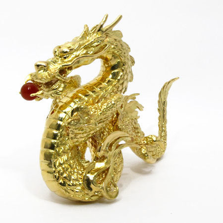 K18 Gold Dragon Ornament with Red Agate — Sculptural Ryuu Dragon, High-Luster Finish — 260.3 g