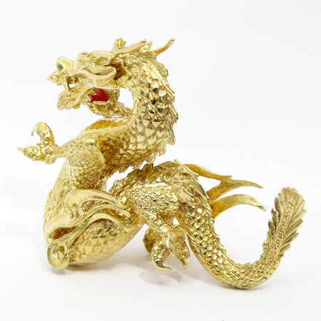 K18 Gold Dragon Ornament with Red Agate — Sculptural Ryuu Dragon, High-Luster Finish — 260.3 g