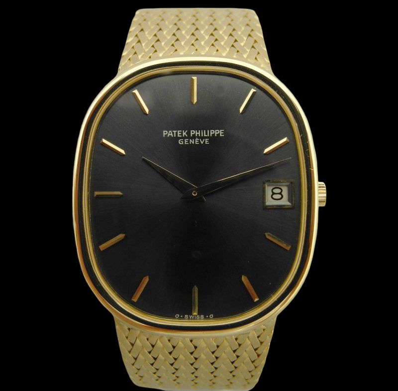 Patek Philippe Golden Ellipse Jumbo 3605/1J · 18K Gold Integrated Bracelet · Automatic Cal.28-255 · Blue-Grey Sunburst Dial · 1970s Vintage