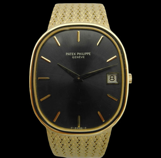 Patek Philippe Golden Ellipse Jumbo 3605/1J · 18K Gold Integrated Bracelet · Automatic Cal.28-255 · Blue-Grey Sunburst Dial · 1970s Vintage