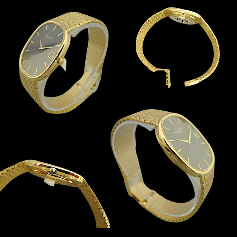 Patek Philippe Golden Ellipse Jumbo 3605/1J · 18K Gold Integrated Bracelet · Automatic Cal.28-255 · Blue-Grey Sunburst Dial · 1970s Vintage