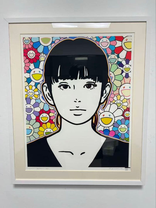Framed KYNE x Takashi Murakami Style Portrait Print Superflat Flowers Framed Contemporary Japanese Art Inspired Piece