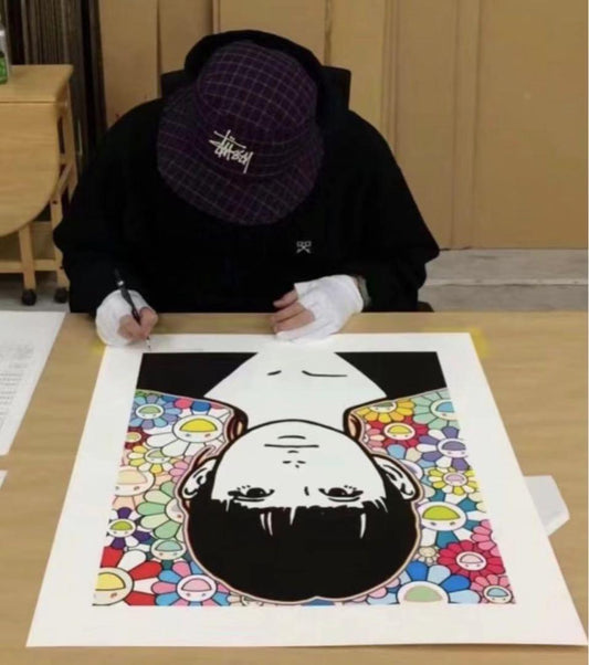 Framed KYNE x Takashi Murakami Style Portrait Print Superflat Flowers Framed Contemporary Japanese Art Inspired Piece
