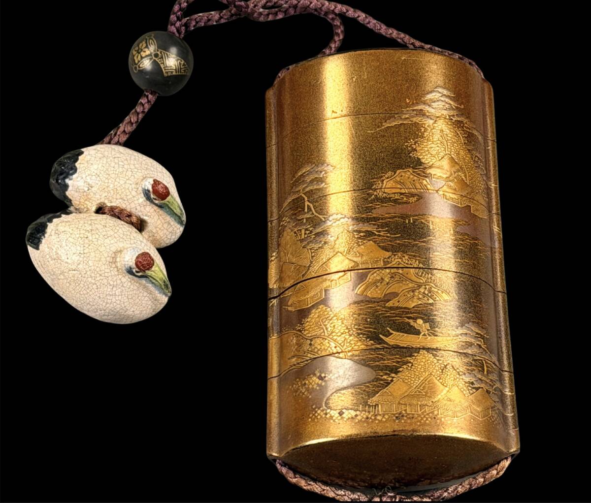 Kajikawa-School Gold Maki-e Inro Pendant — Gold Lacquer Landscape Scene — With Ojime & Netsuke (Edo–Meiji Japan)