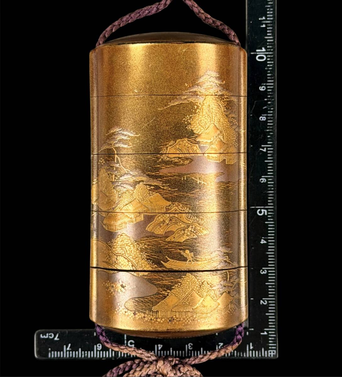 Kajikawa-School Gold Maki-e Inro Pendant — Gold Lacquer Landscape Scene — With Ojime & Netsuke (Edo–Meiji Japan)