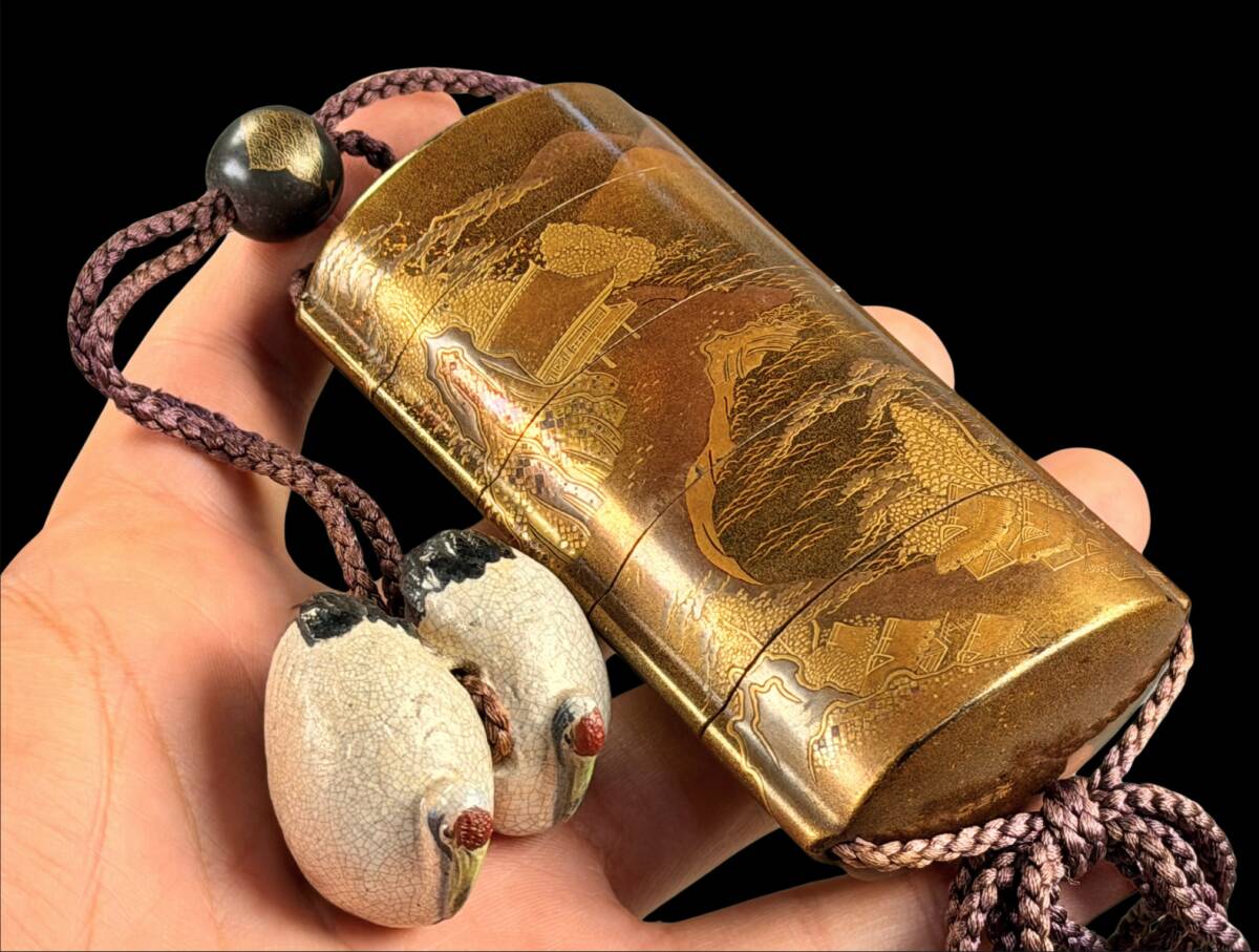Kajikawa-School Gold Maki-e Inro Pendant — Gold Lacquer Landscape Scene — With Ojime & Netsuke (Edo–Meiji Japan)