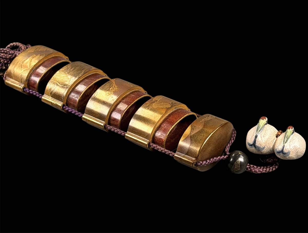 Kajikawa-School Gold Maki-e Inro Pendant — Gold Lacquer Landscape Scene — With Ojime & Netsuke (Edo–Meiji Japan)