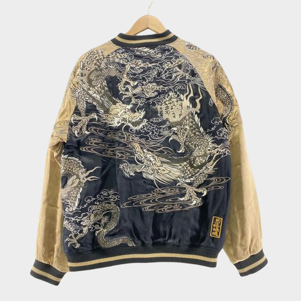 Karakuri Tamashii Dragon Sukajan Jacket Black Gold Embroidered Dragon Army Satin Souvenir Jacket Japanese Streetwear XL