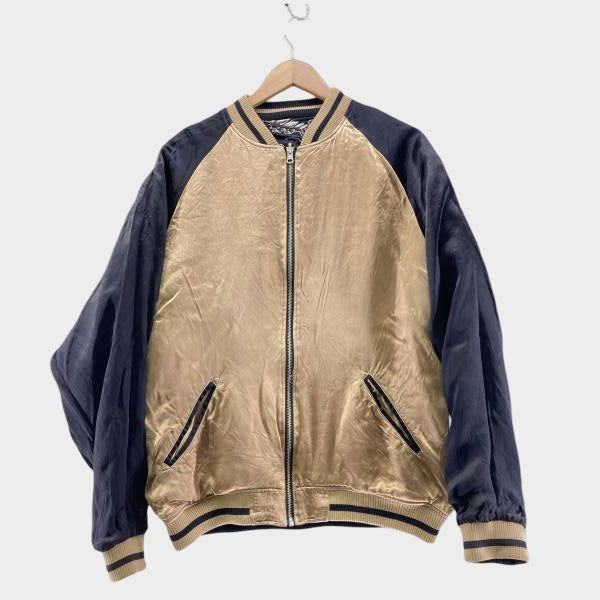 Karakuri Tamashii Dragon Sukajan Jacket Black Gold Embroidered Dragon Army Satin Souvenir Jacket Japanese Streetwear XL