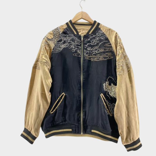 Karakuri Tamashii Dragon Sukajan Jacket Black Gold Embroidered Dragon Army Satin Souvenir Jacket Japanese Streetwear XL