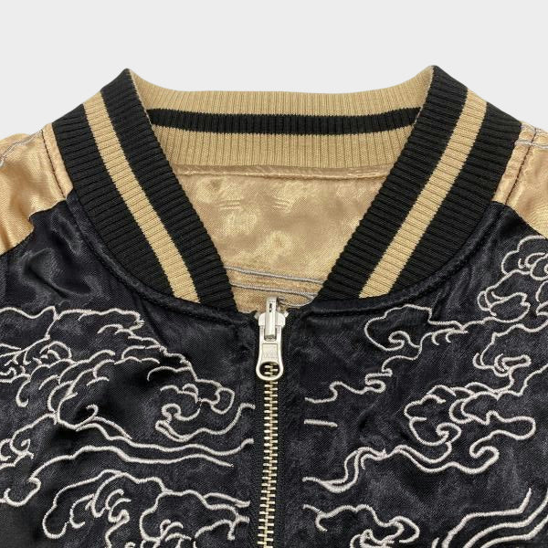 Karakuri Tamashii Dragon Sukajan Jacket Black Gold Embroidered Dragon Army Satin Souvenir Jacket Japanese Streetwear XL