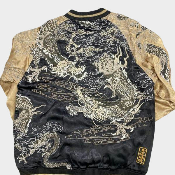 Karakuri Tamashii Dragon Sukajan Jacket Black Gold Embroidered Dragon Army Satin Souvenir Jacket Japanese Streetwear XL
