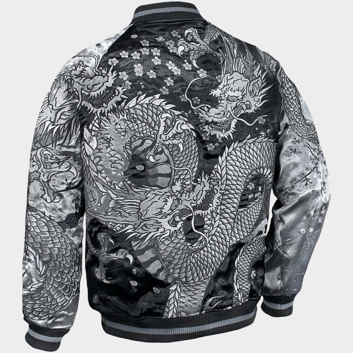 Karakuri Tamashii Dragon Sukajan Jacket Silver Black Monochrome Dragon Embroidered Reversible Satin Souvenir Jacket Japanese Streetwear XL