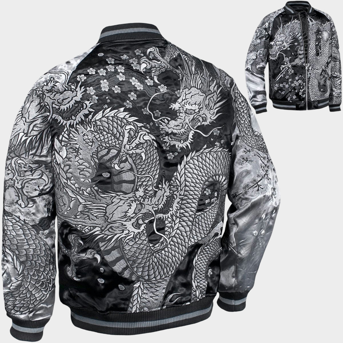 Karakuri Tamashii Dragon Sukajan Jacket Silver Black Monochrome Dragon Embroidered Reversible Satin Souvenir Jacket Japanese Streetwear XL