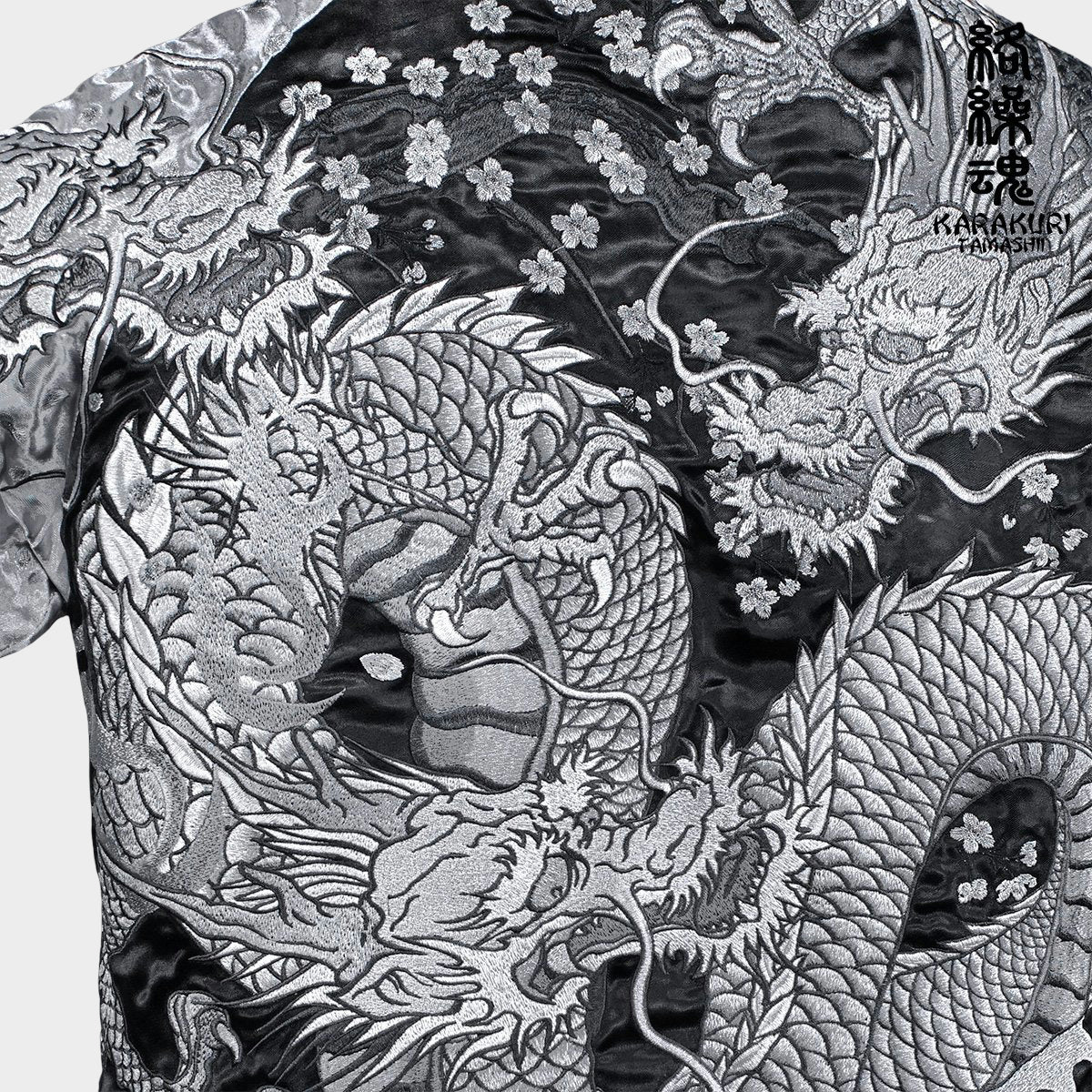 Karakuri Tamashii Dragon Sukajan Jacket Silver Black Monochrome Dragon Embroidered Reversible Satin Souvenir Jacket Japanese Streetwear XL