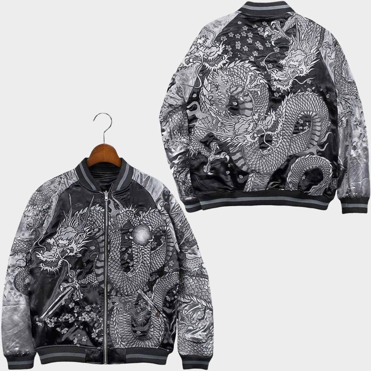 Karakuri Tamashii Dragon Sukajan Jacket Silver Black Monochrome Dragon Embroidered Reversible Satin Souvenir Jacket Japanese Streetwear XL